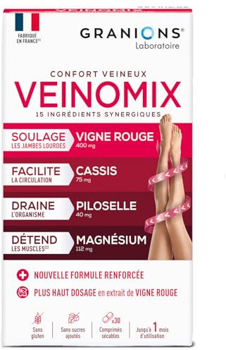 GRANIONS - VEINOMIX FORT - Retention d'eau drainant puissant - Circulation Sanguine Jambes - Vigne rouge + Vitamine C + Vitamine E - Vigne rouge Circulation - Jambes Lourdes - 30 comprimés - 1 mois