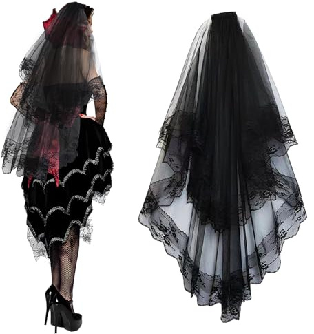 Tutukyle Halloween Voile Noir,Voile de Mariée Noir avec Peigne et Motif Dentelle Floral Gothique pour Noir Nuptiale Coiffure Accessoires de Mariage Halloween Sorcière Cosplay