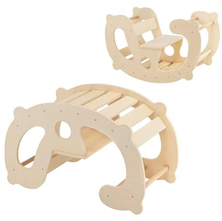 HOMASIS 2 in 1 Montessori Kletterbogen Indoor, Schaukelpferdbogen mit Rückenlehne & Sitz, Klettergerüst aus Holz, Bogenwippe Holzwippe für Kinder ab 1 Jahr, Kletterspielzeug Spielplatz Bunt