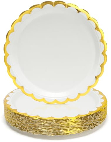 PARTY GO 50 piatti di carta bianca da 9, 23 cm, con bordo ondulato, per cene e dessert, ideali per feste di laurea, matrimoni, feste di compleanno, decorazioni per baby shower