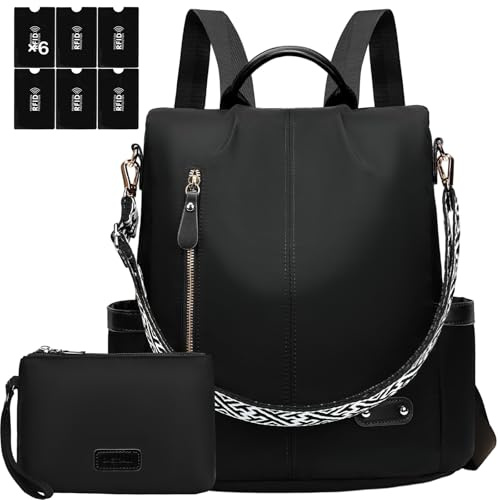 ONETOALL Rucksack Damen Klein Diebstahlsicher mit 6 RFID Blocker Schutzhüllen, Cityrucksack Damen Elegant, Damenrucksack Handtasche Modern, für Städtetrip Alltag Unterwegs Schwarz Nylon