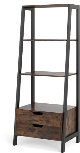 HOMASIS Bibliothèque Échelle en Bois sur Pied, Étagères Murale avec 2 Tiroirs, Meuble de Rangement avec étagère en escalier pour Chambre, Salon, Bureau,52 x 39,5 x 134 cm (Brun)