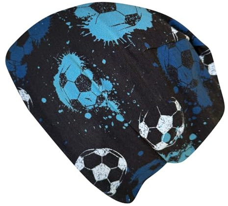 Wollhuhn Kinder Beanie Mütze „Shorties“ – aus Baumwolle, zweilagig, wendbar – Mädchen & Jungen – aus Deutschland, alle Jahreszeiten (DE/NL/SE/PL, Numerisch, 56, 58, Fußball Blautöne)