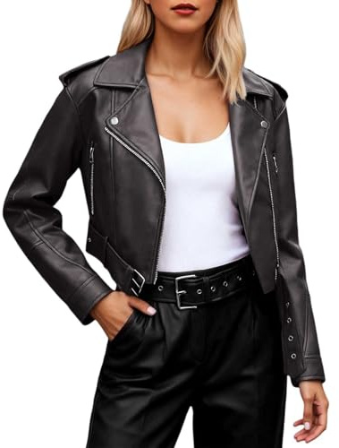 Generisch Veste de moto en cuir synthétique pour femme - Grande taille - Fermeture éclair - Revers - Rétro - Baggy - Couleur unie - Veste décontractée - Manteau d'automne avec ceinture, Noir , XS