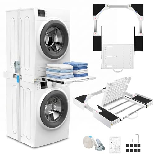 Kit di sovrapposizione universale 42 – 73 cm per lavatrice e asciugatrice telaio con coperchio pieghevole e barra portasciugamani estraibile, per lavanderia e piccoli appartamenti