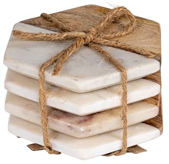 Creative Co-op Lot de 4 Dessous de Verre hexagonaux en marbre et Bois de manguier