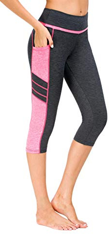 Flatik Leggings deportivos para mujer con bolsillos, superficie de malla, pantalones de yoga, pantalones deportivos, pantalones de deporte, pantalones de entrenamiento, Gris y rosa (3/4 Capri)., S