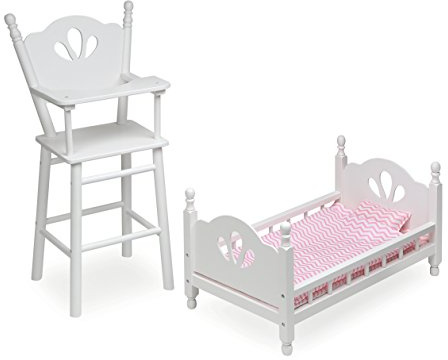 Badger Basket Doll High Chair and Bed Set - Classic Wooden Furniture for 18 Inch Dolls with Chevron Bedding, Spindle Styling, Fixed Tray and Pillow Accessories - White and Pink