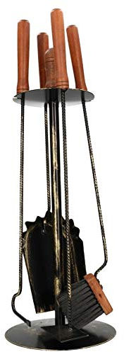 KOTARBAU® Juego de 4 utensilios para chimenea: escoba, pala, atizador y rascador de ceniza, Herramientas de metal con mango de madera, Cubiertos de estufa, Negro + Oro viejo, Soporte de pie
