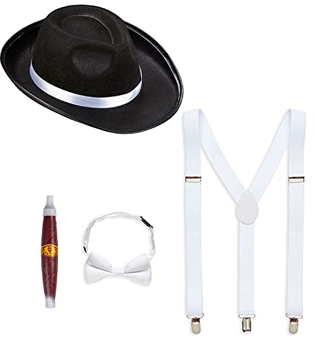 W WIDMANN MILANO Party Fashion 68555 - Kostüm-Set Gangster, 4-teilig, Hut, Hosenträger, Fliege und Zigarre, Charleston, 20er Jahre, Mafia-Boss, Accessoires, Karneval, Verkleidung, Mottoparty