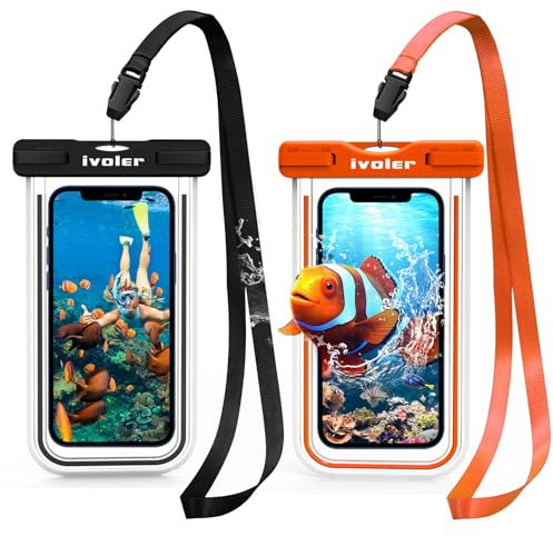 ivoler [IPX8 Certificado [2 Unidades] Funda Impermeable Móvil, Funda Acuática Móvil Universal para Xiaomi, iPhone, Samsung Galaxy, Huawei, Smartphones, Monedas, Pasaporte (Negro+Naranja)