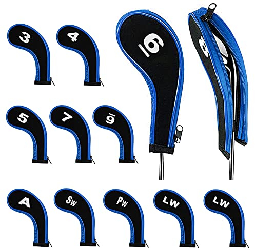 12 Pieces Golf Head Covers 3-9 Pw Aw Sw Lw Lw Waterproof Zippered Golf Club Head Covers Protective iron covers for golf clubs With Number Label Golf Iron Head Covers Accessory (Blue)