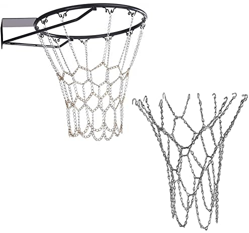 LNGJIN Metall Basketballnetz, 12 Hooks, Wetterfest, Outdoor, Indoor, Silberfarben, Basketball, Kettennetz, Ersatznetz, Langlebiges