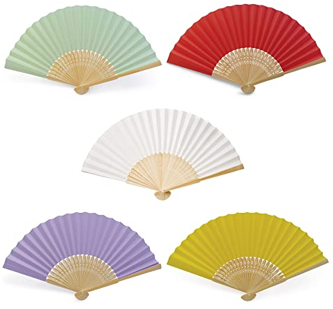 OLILLY - 50 Eventails Multicolores en Papier et Bambou pour Invités - Blanc, Vert, Rouge, Lavande et Jaune - Mariage, Fête, Evènement en Extérieur... (Multicolore, 50 Eventails)