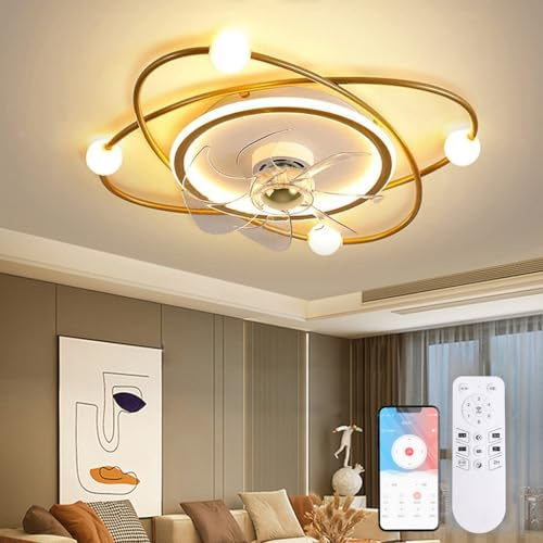 Modern Takfläkt med Belysning,58CM Dimbar LED-taklampa med Fläkt,48W Timer Takfläkt med Lampa för Vardagsrum Sovrum Matsal (Guld)
