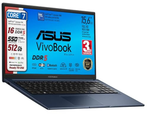 ASUS Computer portatile, Intel i7, SSD pci 512 Gb, 15,6 Ips FHD, Hdmi, bt, webcam, Wi-fi, 4 Usb, Bt, tastiera italiana, ddr5 16 gb, preconfigurato, Garanzia Italia 3 anni, blue edition