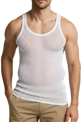 CRAZY LIZARD Unisex White String Vest. Heavy White Cotton Gym Vests for Men UK. Unisex String Vests for Men UK. The Classic British mesh Vest with See Through Fishnet Fabric.
