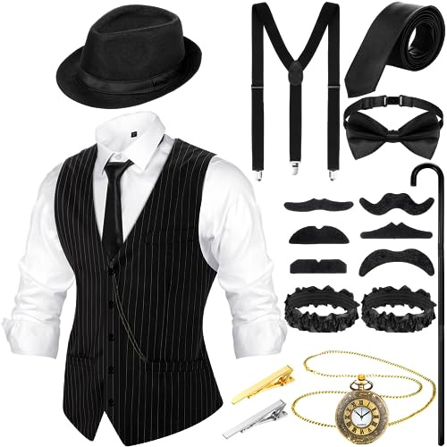Blulu 1920er Jahre Herren Accessoires 20er Jahre Kostüm Set inklusive Vintage Weste Hut Verstellbarer Hosenträger Taschenuhr Fliege 20er Jahre Männer Outfit Kleidung (Schwarz Weiß, XL)