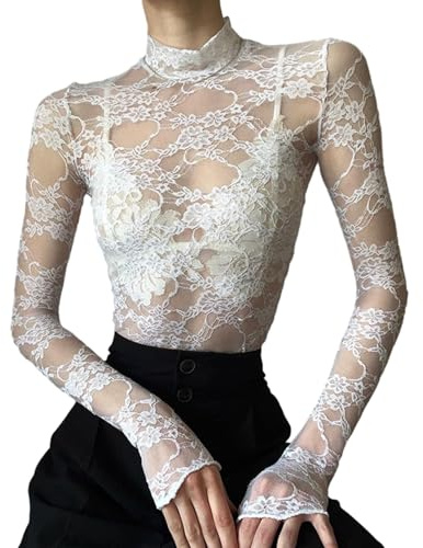 Owegvia Top corto da donna in pizzo floreale bianco a maniche lunghe con collo a lupetto in pizzo floreale sottile t-shirt Y2k maglia trasparente trasparente, bianco, L