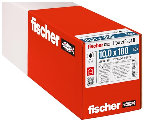 fischer PowerFast II WTP 10,0 x 180, kraftvolle Holzbauschraube mit Tellerkopf, Innenstern-Aufnahme und Teilgewinde, für den konstruktiven Holzbau, 50 Stk.
