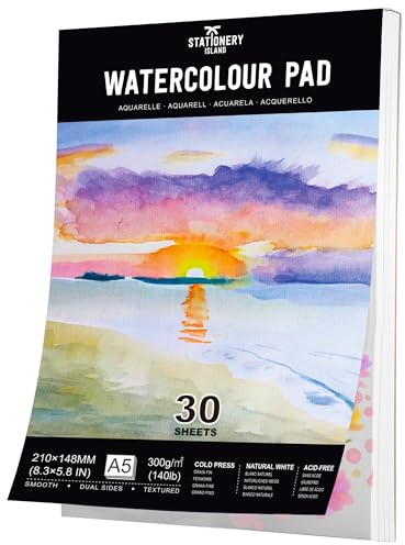 Stationery Island Aquarellpapier A5 300g, 30 Blatt Aquarellblock A5, Aquarell Papier für Wasserfarben, Aquarell Skizzenbuch, Watercolor Paper für Studenten,Anfänger, Skizzenbuch Aquarell