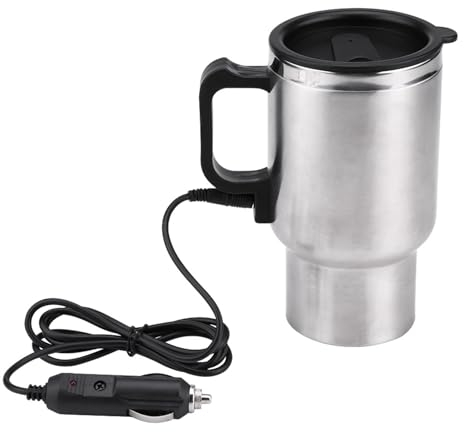 Nikou Taza Calefactora para Coche Eléctrico,12V 450ml Botella Calefacción Eléctrica,Taza Calefactora Coche de Acero Inoxidable,para Café,Té(16x8,5cm)