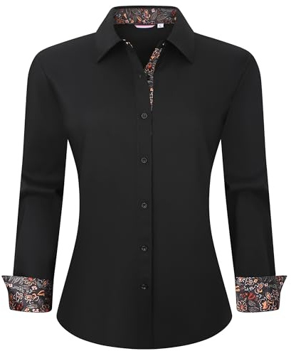 WARHORSEE Womens Cotton Button Down Dress Shirt Long Sleeve Easy Care Dressy Work Tops Business Casual Blouses for Women,Black,m