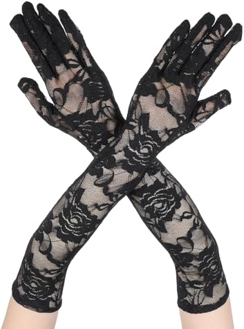 Schwarz Spitzen Handschuhe, Voller Finger Spitzenhandschuhe, Ellenbogen Blumen Lace Gloves, Braut Kostüm Handschuhe, für Halloween Hochzeit Tee Party Handschuhe Tanzhandschuhe 1920er Jahre Kostüm