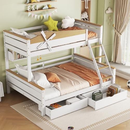 Rtopsu Letto per Bambini a Castello 90x200 cm & 140x200 cm, Letto a Soppalco con Contenitore e Scaletta, Letti per Ragazzi con Girandola, Rete a Doghe e Protezione Anticaduta, Bianco, Senza Materasso