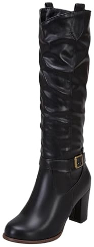 Asterisco Bottes Hautes Pour Femmes À Talon Bloc Talons Hauts Boot Bout Rond A Enfiler Bottes Slouch, C23410Hr Noir Taille 34 EU