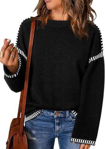 PADOLA Pull Femme Oversize Sweat Col Rond côtelé Pull Tricoté Rayé Ample Sweatshirts Chic et Elegant Automne Hiver Chaud Polaire Manche Longue Décontracté Tunique Haut Habit (S, 2 Noir)
