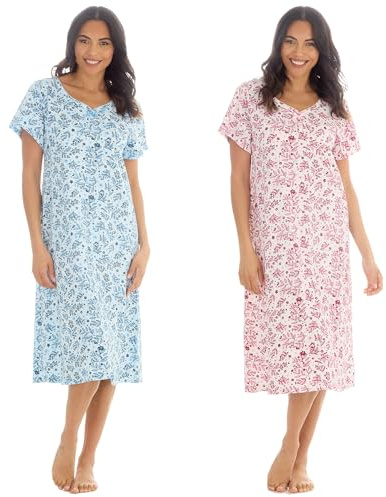 INSIGNIA Womens Pack of 2 Short Sleeve Long Pure Cotton Jersey Nightshirts Nighties (Pink_Blue New Flowers, 14-16)
