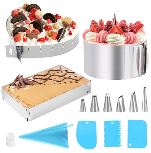 GENHH 3 Stück Tortenring Verstellbar, 5cm Hoher Backrahmen Rechteckig Verstellbar, Edelstahl Herzform Backform, Kuchenring Set mit Waage, Spritzbeutel und Tülle zum Backen von Kuchen Pizzen Desserts