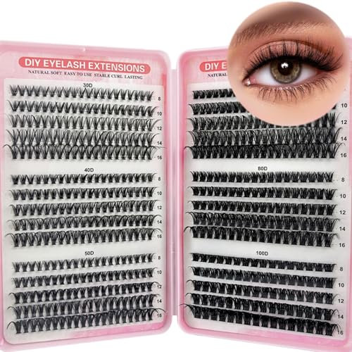 KEYRI 580 Pieces Individual Eyelashes 30-40-50-60-80-100D Cluster Lashes Kit DIY Eye Lashes Fluffy Russian Eyelashes Extensions Curly Durable Eyelash Clusters for Girls and Women (8-16mm Mix)