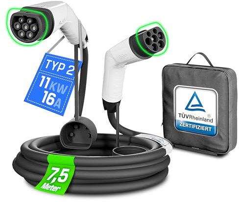 ZMC Typ 2 Ladekabel 11KW, 7,5m, 16A, 3-phasig, für Hybrid & EV Elektroauto, PHEV, kompatibel mit Model 3/S/X/Y & Allen Typ-2-Fahrzeugen, TÜV-Zertifiziert, wetterfest, langlebig, inkl. Kabeltasche