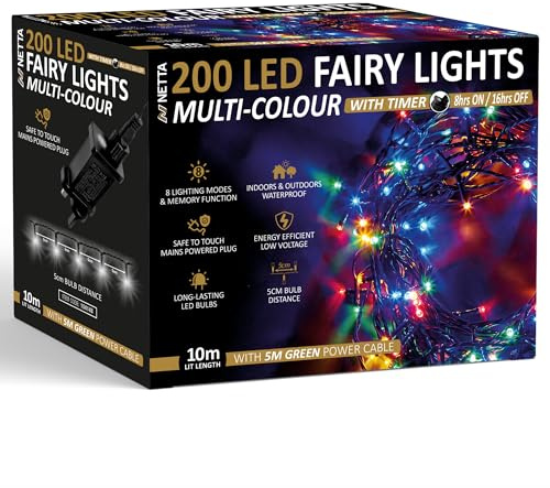 NETTA Christmas Tree Lights 200 LED 10m Fairy String Lights Plug in with Timer and Memory Functions for Outdoor/Indoor Use -Multi Coloured