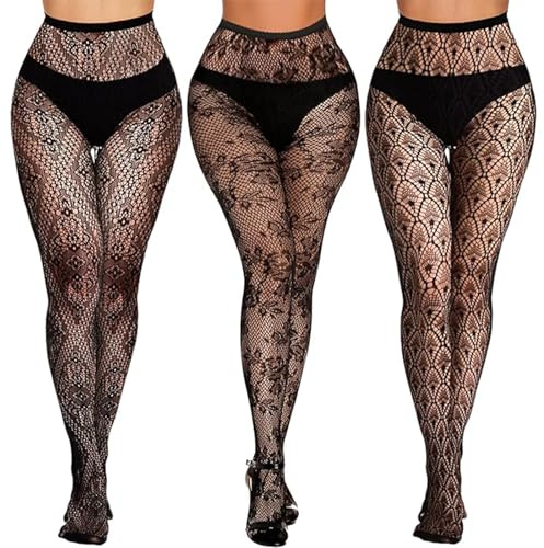 SNDE 3PCS Patterned Tights for Women Uk, Black Lace Fishnet Stockings, Fashion Floral Pattern Pantyhose,Fishnets Leggings Lace Tights