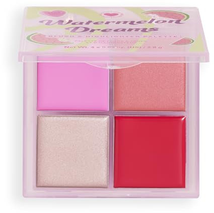 I Heart Revolution Watermelon Dreams Blush & Highlighter Quad, Creme-Palette mit Rouge & Highlighter, Vegan & Tierversuchsfrei, 2,8g