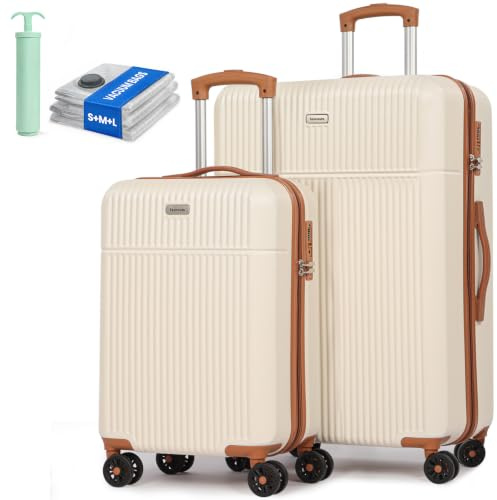 H.yeed Luggage Sets 2, ABS Hard Shell Lightweight Trolley Travel Suitcase Set with 4 Spinner Wheels TSA Lock for Man Women, 21 + 28 (White)