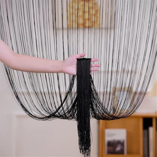 Odot Rideau de Fil pour Porte Fenêtre, Rideaux en Corde Franges Rideaux, 2PCS Rideau Anti Mouches Cloison de Séparation pour Décoration Maison Chambre Café Restaurant Cuisine (Noir,100x200cm)