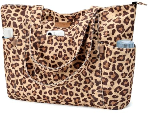 Lekesping Sac a Main Femme Grand Velours Cotelé, Sacs de Courses Femme avec Fermeture Éclair, Sacs Ordinateur 15,6 Pouces, Bandoulière Tote Bag pour Plage Travail L'école Sport - Imprimé Léopard S