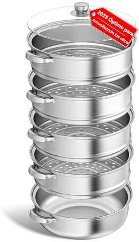 Vaporera de acero inoxidable de 28 cm con cesta vaporera, batería de cocina de 3/4/5 niveles con tapa para cocinar verduras, mariscos, sopas, guisos y pastas (5)