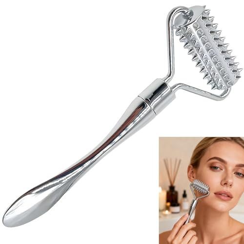 Rodillo facial de metal, dispositivo de masaje facial, rodillo de masaje de acupuntura con estrías para la cara, el cuerpo, el cuello, las manos y los dedos