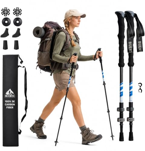 Buerts Bâtons de randonnée en Fibre de Carbone, Lot de 2, bâtons de Marche légers, réglables 64-135 cm, Pliables, bâtons de Nordic Walking pour Hommes et Femmes, adaptés au Camping et à la randonnée