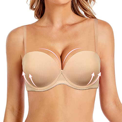 HWDI Strapless Push Up Bras Thick Padded Underwire Multiway Bra with Clear Straps for Women, 34B Nude