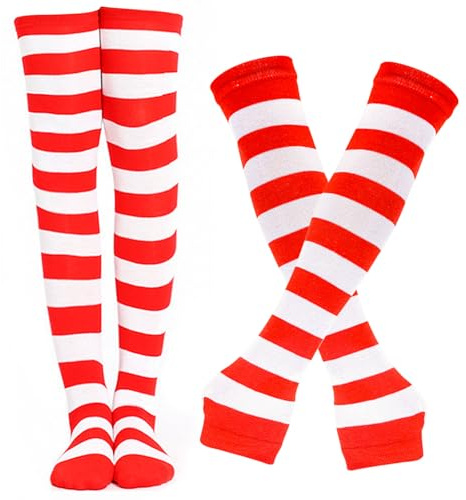 BigOtters Red and White Striped Knee Socks & Long Arm Warmer Gloves, Crazy Socks for Kids, Crazy Outfit Accessories for Women, Themed Party, Cheerleading & Sports Costume