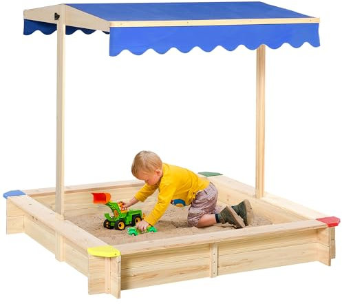 Outsunny Kids Wooden Sand Pit Children Square Sandbox Outdoor Playset Play Station Adjustable Canopy Bench Seat 120x120x120cm