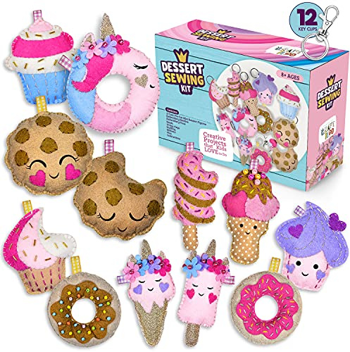 12 Pre-Cut Mini Treats Dessert Fun Kids Sewing Kit for Kids Ages 8-12 Children Beginners Sewing kit Kid Crafts Make Your Own Felt Pillow Plush Craft Kit Girls and Boys Art Craft Kits Learn to Sew Kit