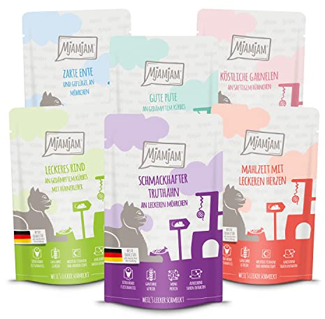 MjAMjAM - Premium Katzenfutter Probierpaket, Nassfutter mit extra viel Fleisch, getreidefrei 125 g (6er Pack)