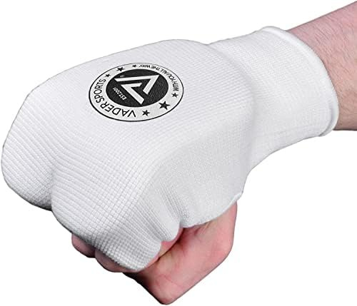 VADER Elasticated Karate Mitts Hand Pads Martial Arts Training Mitts Slip-On MMA Kickboxing Sparring Punching Karate Gloves Gel Padded Hand Protections White (M)